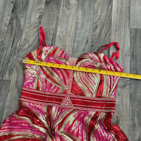 Banjul ornate sequin beaded feathered red mini dress - Picture 2 of 8